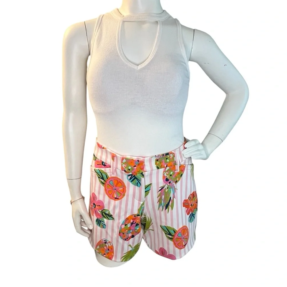 Spartina 449 Bright Floral Fruit Printed Pink White Stripe Short Vacation Preppy - Picture 2 of 12